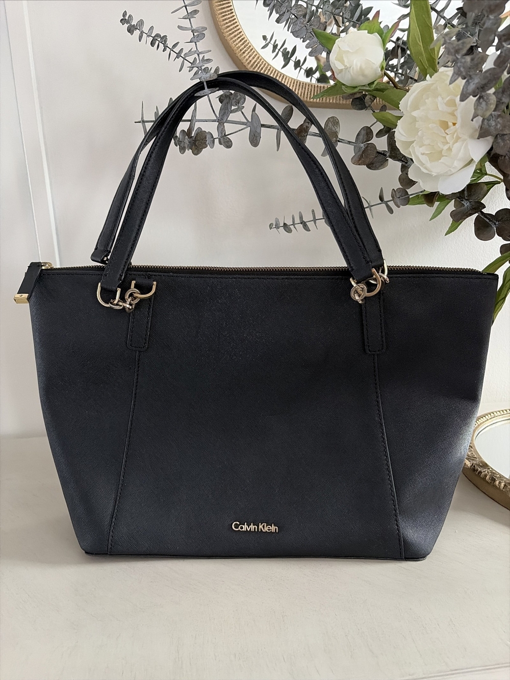 Calvin Klein Black Leather-Look Tote with Gold Hardware